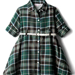 Babyhug Cotton Woven Full Sleeves Shirt Dress With Checks & Belt - Teal Blue-picture-24