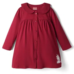 Babyhug Single Jersey Knit Full Sleeves Unicorn Printed Frock With Peter Pan Collar - Red-picture-14