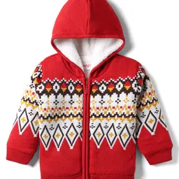 Babyhug Knit Full Sleeves Front Open Hooded Sweater with Aztec Design - Red Grey & Yellow image 1