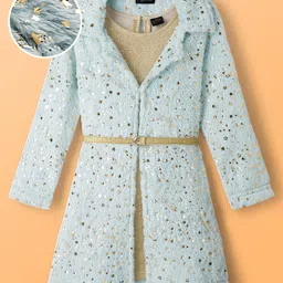 Hola Bonita Knit Full Sleeves Fur Jacket & Shimmer Inner Party Dress with Belt - Sea Green-picture-13