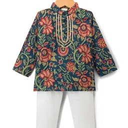 TEENTAARE Cotton Woven Full Sleeves Kurta & Pajama Set With Floral Print - Navy Blue-image-21
