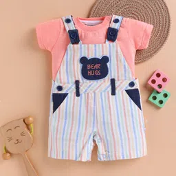 Wonderchild Teddy Bear Patch Detailed Striped Dungaree With Half Sleeves Tee Set - Deep Peach & Multi Colour-picture-21