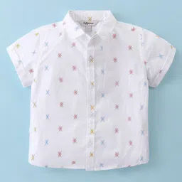 ToffyHouse Poplin Woven Half Sleeves Printed Shirt & Shorts Set with Suspender & Bow - Peach & White image 2