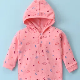 Tango Interlock Knit Full Sleeves Hooded Night Suit With Planets & Stars Print - Pink image 2