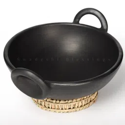 Swadeshi Blessings Exclusive Range Unglazed Clay/Mitti/Earthen Kadhai For Cooking, 1.8Liters- Black image 2