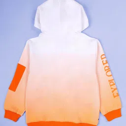 Kiddopanti Fleece Knit Full Sleeves Mountains Printed Light Winter Hooded Sweatshirt With Track Pants Set - White & Orange image 5