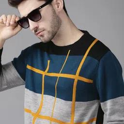 The Roadster Lifestyle Co Men Teal & Grey Colourblocked Pullover swaeter-picture-10