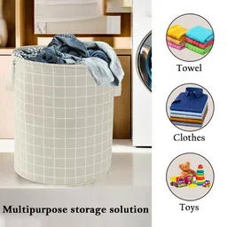 Aura 3-Pcs Grey Checked Cotton Foldable Laundry Bags With Handle - 60L image 3