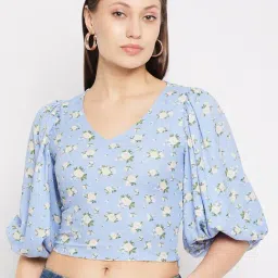 Hypernation Blue Floral Print Crop Top-image-0