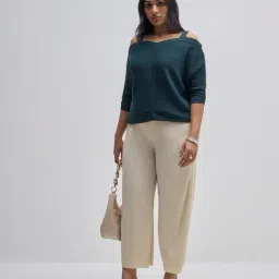 Gia by Westside Teal Textured Cold-Shoulder Sweater-picture-18