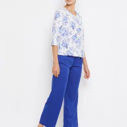 Clovia White & Blue Floral Print Top With Pyjamas image 3