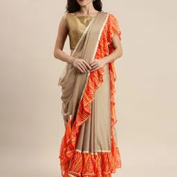 Mitera Beige & Green Poly Chiffon Embroidered Saree image 1