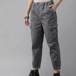 Roadster Women Charcoal Grey Regular Fit Solid Cargos-picture-34