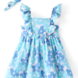 Babyhug 100% Cotton Poplin Woven Frill Sleeves Frock With Head Band Floral Print - Blue-picture-23