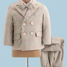 Kookie Kids Knit Full Sleeves 3 Piece Checkered Party Suit with Bow - Beige-image-60