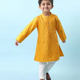 Babyhug Woven Full Sleeves Sequined Embroidered Kurta & Pyjama Set - Mustard-picture-33