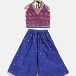 Twisha Halter Neck Lace Embellished Top With Foil Printed Palazzo Set - Magenta & Blue-picture-24