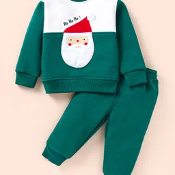 Little Kangaroos Fleece Knit Full Sleeves Winter Wear Suit With Santa Claus Applique - Dark Green & White-image-22