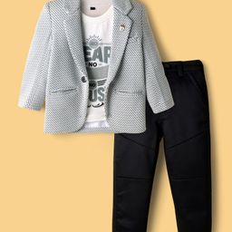 Dapper Dudes Full Sleeves Textured Checked Blazer With Typography Printed Tee & Pant Set - Grey-picture-33