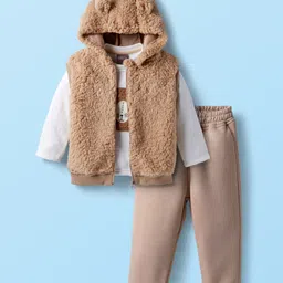 Little Kangaroos Woven Winter Wear Fur Jacket & Lounge Pant Set with T-Shirt & Bear Embroidery - Tan-picture-28