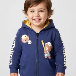 Babyoye 100% Cotton Fleece Knit Full Sleeves Hooded Sweatjacket With Teddy Bear Print & Kangaroo Pockets - Navy Blue-picture-22