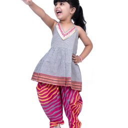 Twisha Cotton Woven Sleeveless Striped Gota Lace Embellished Top & Dhoti Set - Grey & Pink-picture-29