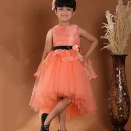 Toy Balloon Kids Net Woven Sleeveless Floral Applique Detailed Sequins Embellished High Low Dress - Peach-picture-24