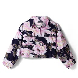 CrayonFlakes Rayon Woven Full Puffed Sleeves Floral Printed Shirt Style Crop Top - Black-image-97