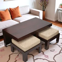 Ikiriya Irish Sheesham Wood Accent Coffee Table Set / Center Table / Sofa Table with 2 Stools in Dark Walnut Finish with Beige Sparkle Velvet Cushions-picture-11