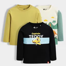 Orange Sugar 100% Cotton Knit Pack Of 3 Full Sleeves Solid & Teddy Bear Printed Tee - Multi Colour-picture-23