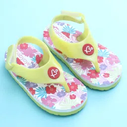 Babyoye Flip Flops With Velcro Closure Floral Print - Yellow image 2