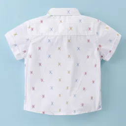 ToffyHouse Poplin Woven Half Sleeves Printed Shirt & Shorts Set with Suspender & Bow - Peach & White image 3