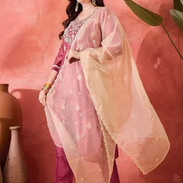 Sangria Women Embroidered Straight Kurta & Trousers With Dupatta image 5