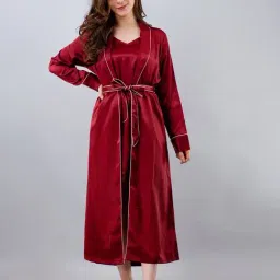 Pretty Loving Thing Maroon Satin Solid Nighty With Robe-image-94