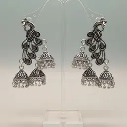 Urbalaa Silver-Plated Peacock Shaped Drop Earrings image 3