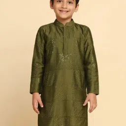 KISAH Kids Olive Cotton Embroidered Full Sleeves Kurta-image-19