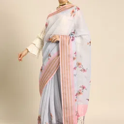 Anouk Grey & Pink Linen Blend Printed Bhagalpuri Saree image 2