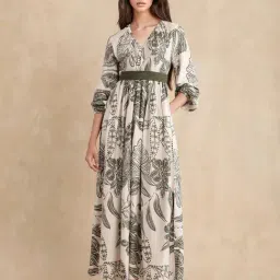 RAREISM Beige Modal Printed Long Sleeves Dress-image-79
