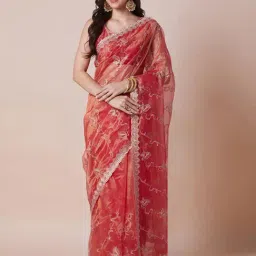 Saree Mall Orange Net Embroidery Saree with Blouse Piece-image-1