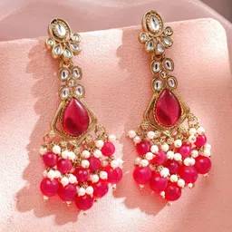 Rubans 22K Gold-Plated Kundan Studded Teardrop Shaped Chandelier Drop Earrings image 3