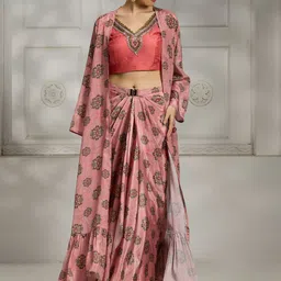 Rivaar By Rocky Star Printed V Neck Top Shrug With Skirt Co-Ords Set image 1