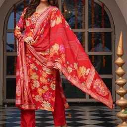 KALINI Floral Printed Mirror Work V-Neck Straight Kurta With Trousers & Dupatta image 5