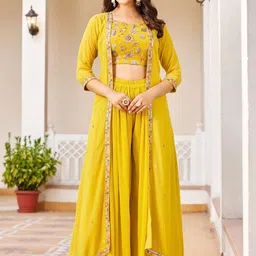 TextileNow Embroidered Choli & Shrug With Flared Palazzo Co-Ords-picture-11