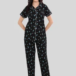 Glamoras Women Black & Blue Bird Printed Shirt Collar Cotton Shirt & Pyjama Night Suit-image-79