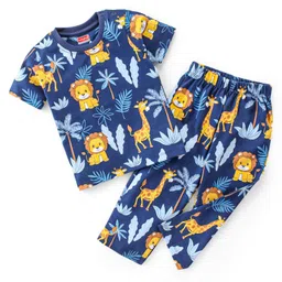 Babyhug Cotton Single Jersey Knit Half Sleeves Night Suit Jungle Safari Theme - Navy Blue-picture-36