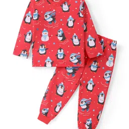 Babyhug Cotton Knit Full Sleeves Night Suit Penguin Print - Red-picture-15