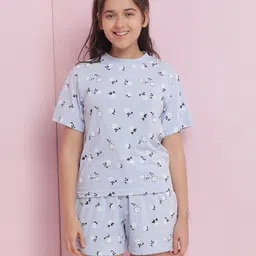 Lil Tomatoes Cotton Jersey Knit Half Sleeves Floral Printed Coordinating Night Suit Set - Blue-picture-36