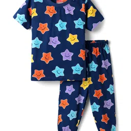 Babyhug Cotton Knit Half Sleeves Co-ords Night Suit With Star Print - Navy Blue-image-29