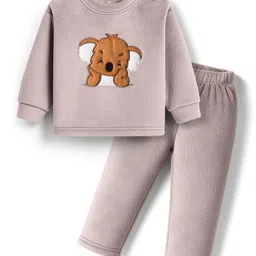 Kanvin Knit Full Sleeves Winter Night Suit with Animal Patch Embroidery - Grey-picture-17