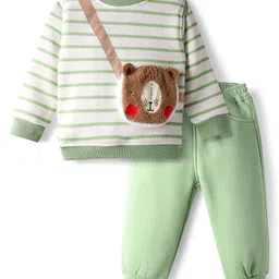 Little Kangaroos Knit Winter Wear Sweatshirt & Lounge Pant Set with Stripes & Bear Shaped Pocket - Light Green-image-51
